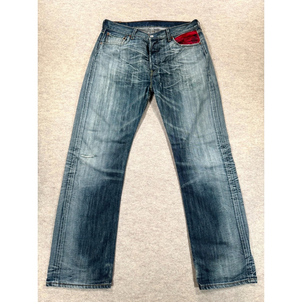 Levis Jeans Mens 36x34 Blue Whiskered Denim Distressed Straight Leg 500 Series
